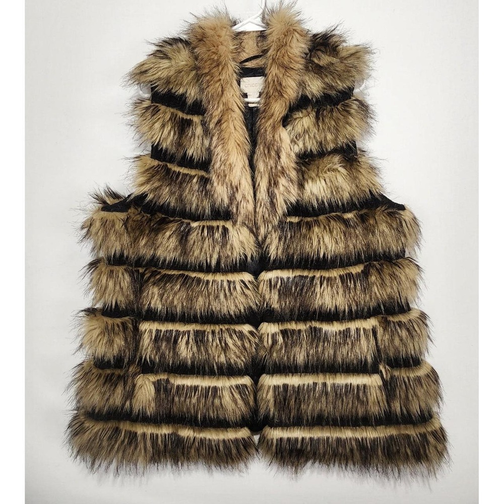Chico's Women's Size 2 Faux Fur Vest Brown Black Striped Open Front Boho